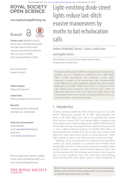 Light-emitting diode street lights reduce last-ditch evasive manoeuvres by moths to bat echolocation calls Thumbnail