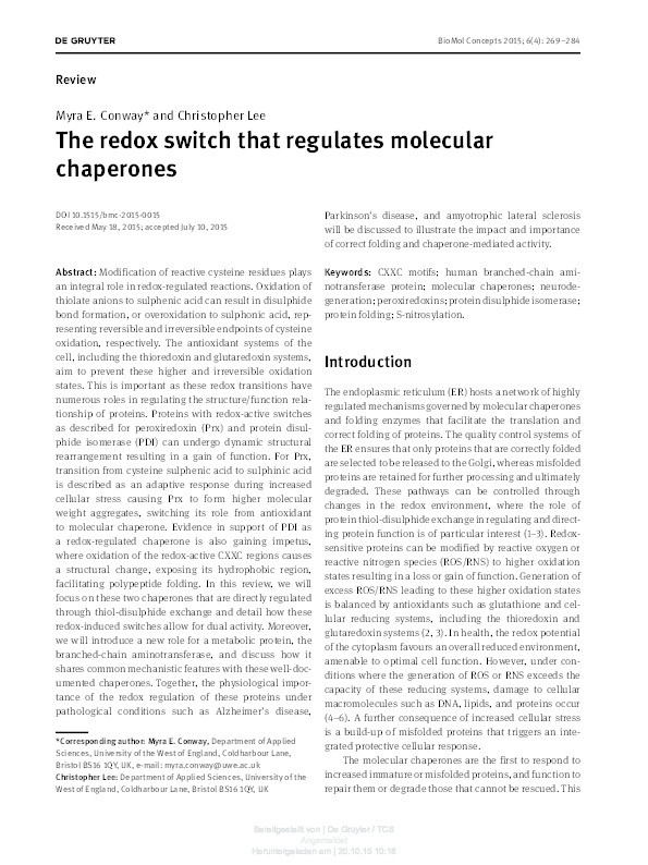 The redox switch that regulates molecular chaperones Thumbnail