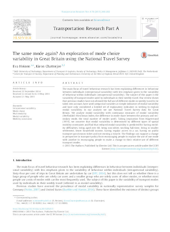 The same mode again? An exploration of mode choice variability in Great Britain using the National Travel Survey Thumbnail
