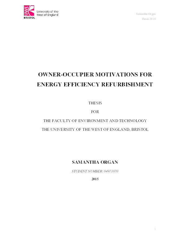 Owner-occupier motivations for energy efficiency refurbishment Thumbnail