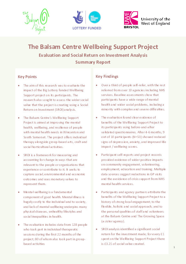The Balsam Centre Wellbeing Project evaluation and SROI analysis: Summary and full report Thumbnail