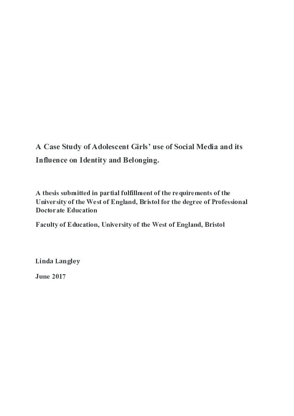 A case study of adolescent girls’ use of social media and its influence on identity and belonging Thumbnail