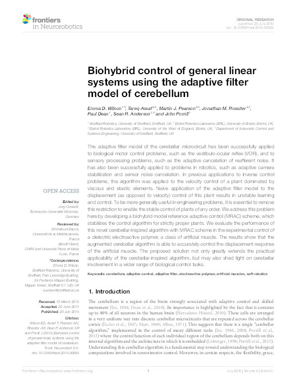 Biohybrid control of general linear systems using the adaptive filter model of cerebellum Thumbnail