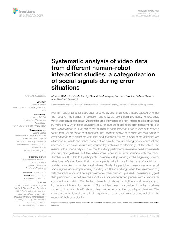 Systematic analysis of video data from different human-robot interaction studies: A categorisation of social signals during error situations Thumbnail
