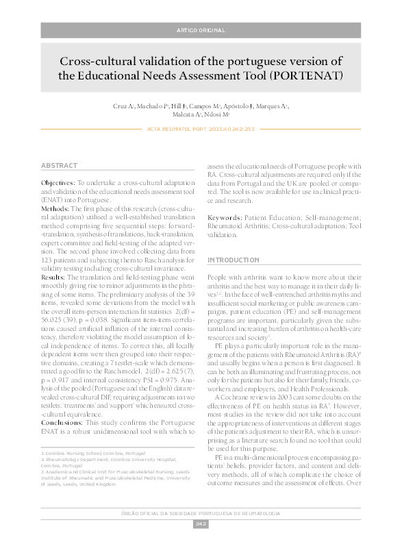 Cross-cultural validation of the Portuguese version of the educational needs assessment tool (PORTENAT) Thumbnail