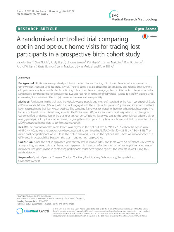 A randomised controlled trial comparing opt-in and opt-out home visits for tracing lost participants in a prospective birth cohort study Thumbnail