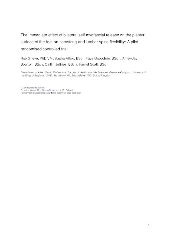 The immediate effect of bilateral self myofascial release on the plantar surface of the feet on hamstring and lumbar spine flexibility: A pilot randomised controlled trial Thumbnail