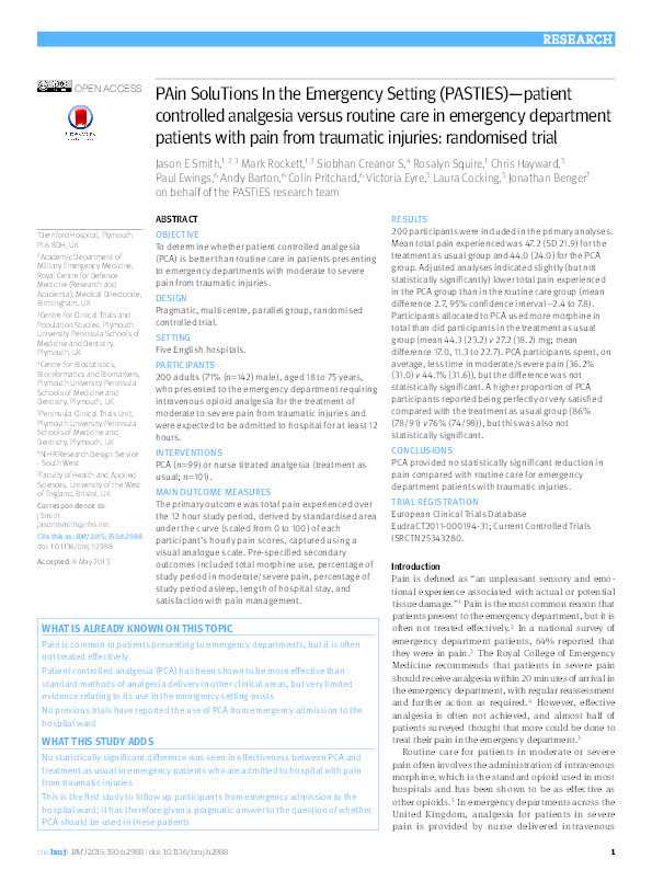 PAin SoluTions In the Emergency Setting (PASTIES)--patient controlled analgesia versus routine care in emergency department patients with pain from traumatic injuries: randomised trial Thumbnail