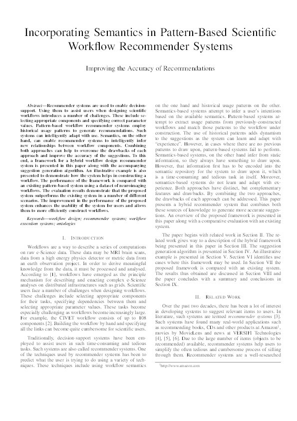 Incorporating semantics in pattern-based scientific workflow recommender systems Thumbnail