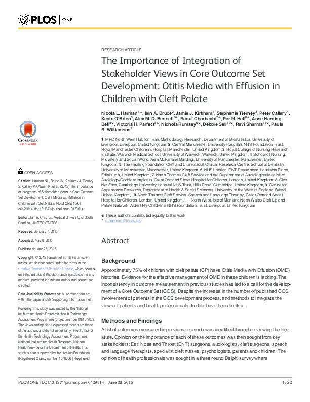 The importance of integration of stakeholder views in core outcome set development: Otitis Media with Effusion in children with cleft palate Thumbnail