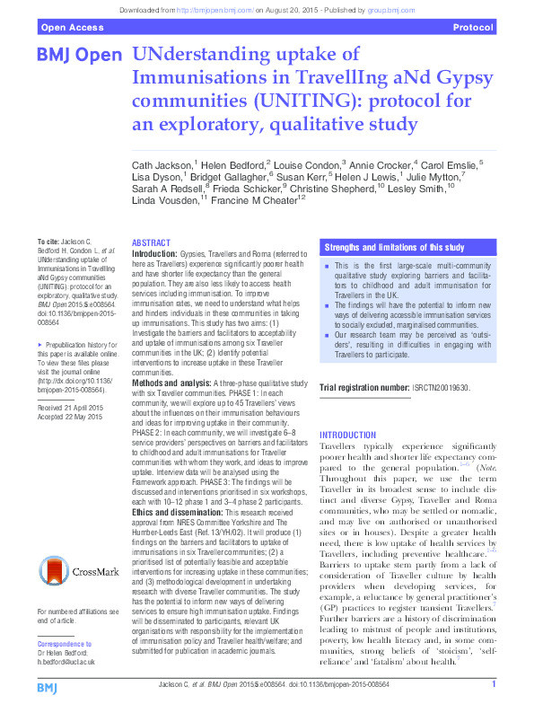 UNderstanding uptake of Immunisations in TravellIng aNd Gypsy communities (UNITING): Protocol for an exploratory, qualitative study Thumbnail
