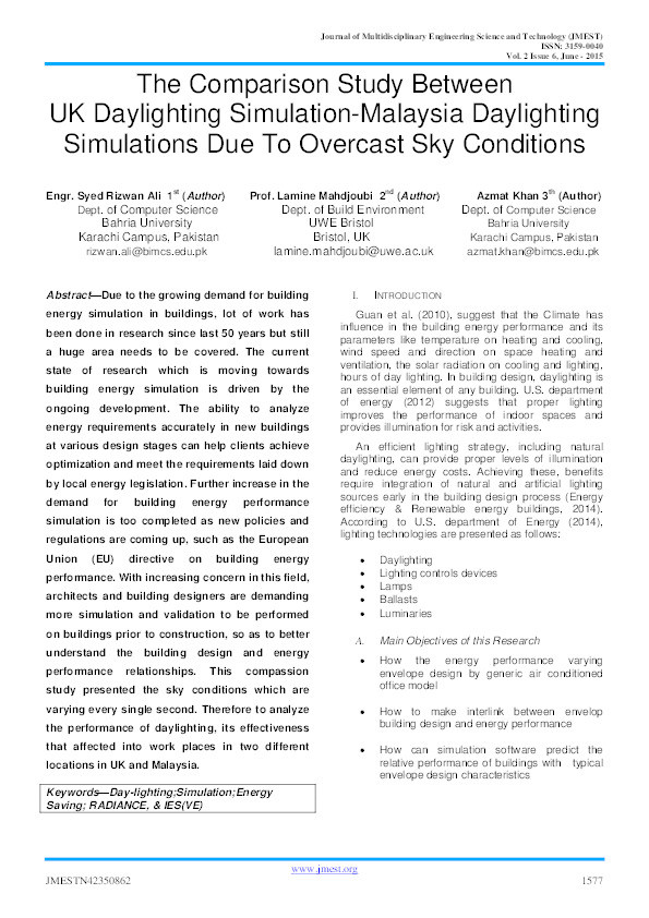 The comparison study between UK daylighting simulation-Malaysia daylighting simulations due to overcast sky conditions Thumbnail