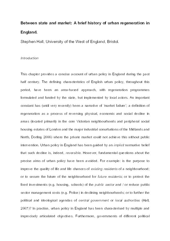 Entre état et marche: Une brève histoire de la régénération urbaine en Angleterre (Between state and market : A brief history of urban regeneration in England) Thumbnail