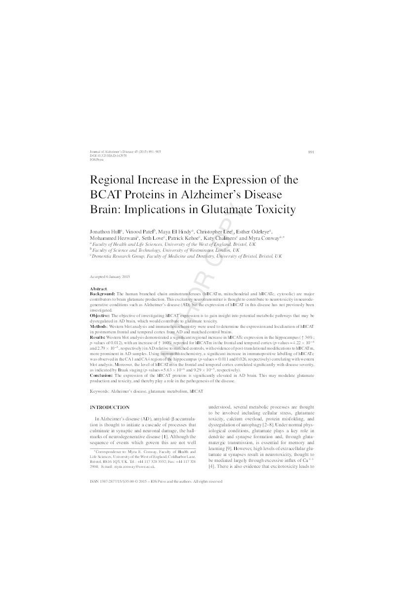 Regional Increase in the Expression of the BCAT Proteins in Alzheimer's Disease Brain: Implications in Glutamate Toxicity Thumbnail