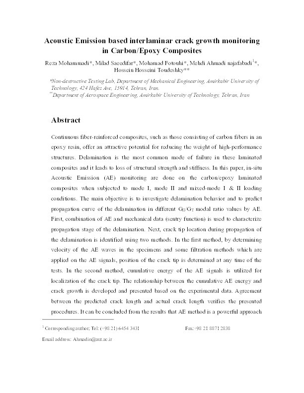 Prediction of delamination growth in carbon/epoxy composites using a novel acoustic emission-based approach Thumbnail