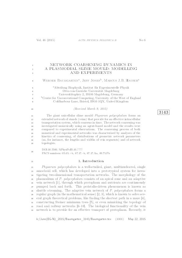 Network coarsening dynamics in a plasmodial slime mould: Modelling and experiments Thumbnail