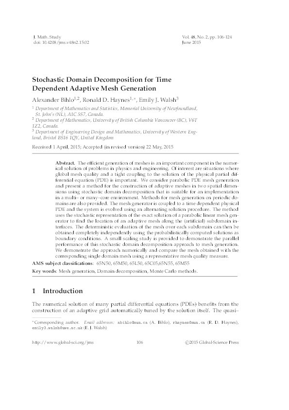 Stochastic domain decomposition for time dependent adaptive mesh generation Thumbnail