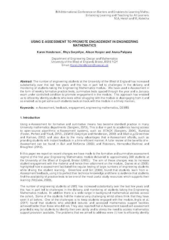 Using e-assessment to promote engagement in engineering mathematics Thumbnail