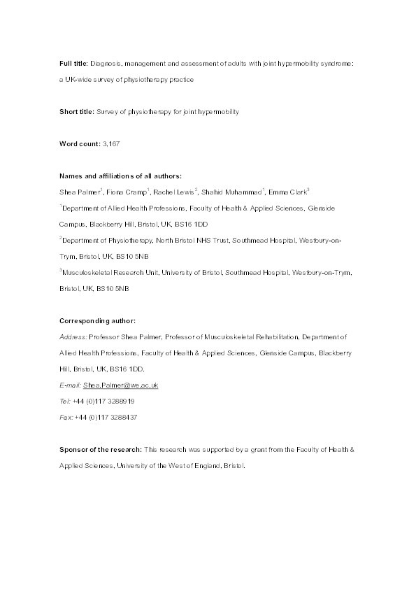 Diagnosis, Management and Assessment of Adults with Joint Hypermobility Syndrome: A UK-Wide Survey of Physiotherapy Practice Thumbnail