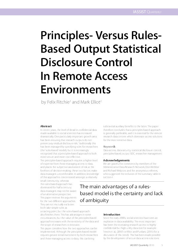 Principles- versus rules-based output statistical disclosure control in remote access environments Thumbnail