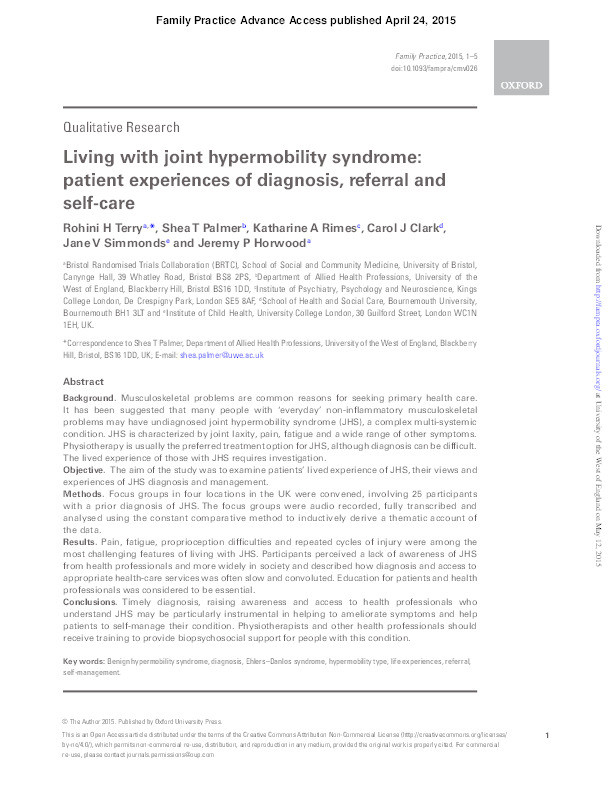 Living with joint hypermobility syndrome: Patient experiences of diagnosis, referral and self-care Thumbnail