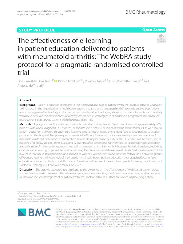 The effectiveness of e-learning in patient education delivered to patients with rheumatoid arthritis: The WebRA study—protocol for a pragmatic randomised controlled trial Thumbnail