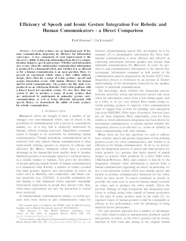 Efficiency of speech and iconic gesture integration for robotic and human communicators - A direct comparison Thumbnail