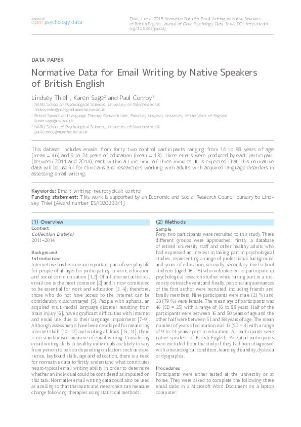 Normative data for email writing by native speakers of British English Thumbnail