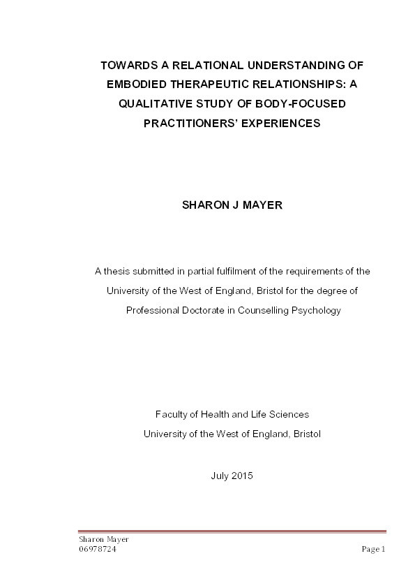Towards a relational understanding of embodied therapeutic relationships: A qualitative study of body-focused practitioners' experiences Thumbnail