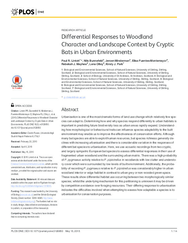 Differential responses to woodland character and landscape context by cryptic bats in urban environments Thumbnail