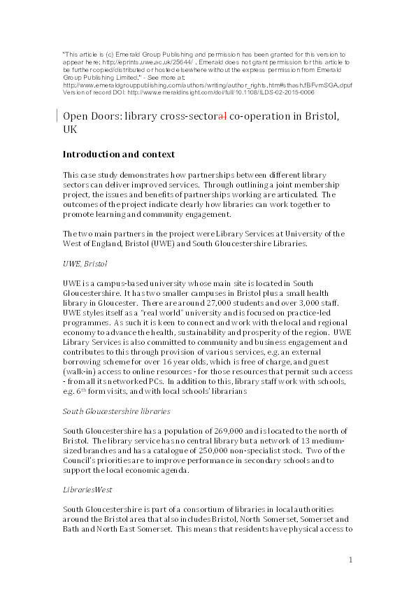 Open doors: Library cross-sector co-operation in Bristol, UK Thumbnail