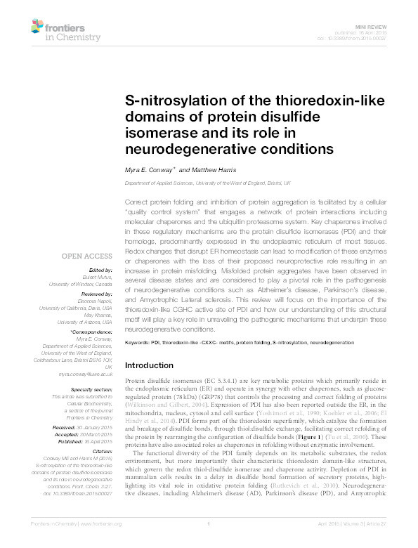 S-nitrosylation of the thioredoxin-like domains of protein disulfide isomerase and its role in neurodegenerative conditions Thumbnail