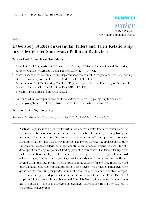 Laboratory studies on granular filters and their relationship to geotextiles for stormwater pollutant reduction Thumbnail