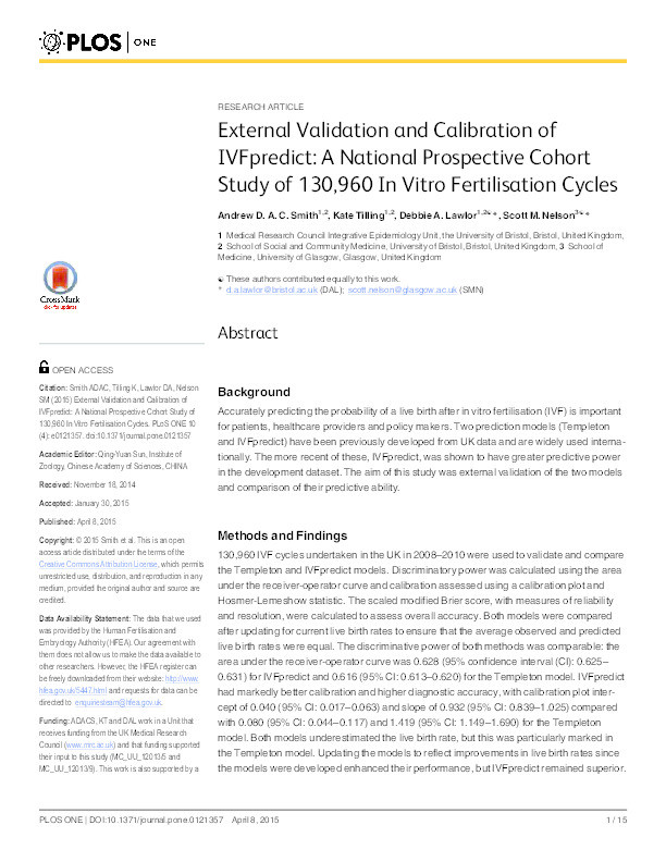 External validation and calibration of IVFpredict:A national prospective cohort study of 130,960 in vitro fertilisation Cycles Thumbnail