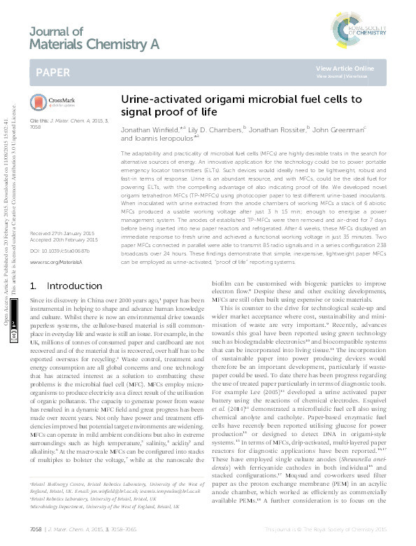 Urine-activated origami microbial fuel cells to signal proof of life Thumbnail