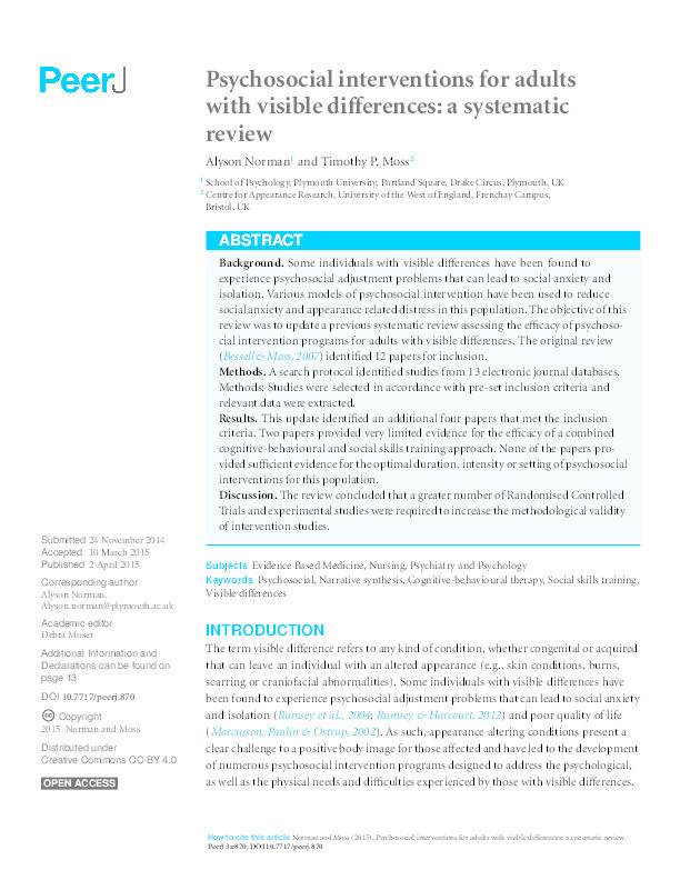 Psychosocial interventions for adults with visible differences: A systematic review Thumbnail
