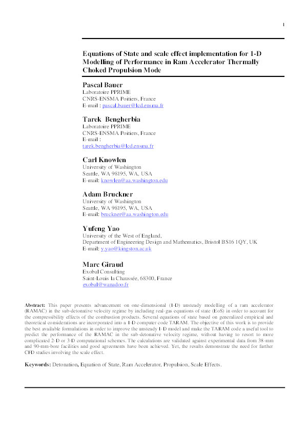 Equations of state implementation for 1-D modelling of performance in ram accelerator thermally choked propulsion mode Thumbnail