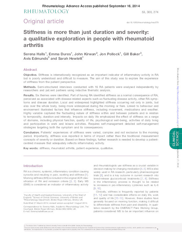 Stiffness is more than just duration and severity: A qualitative exploration in people with rheumatoid arthritis Thumbnail