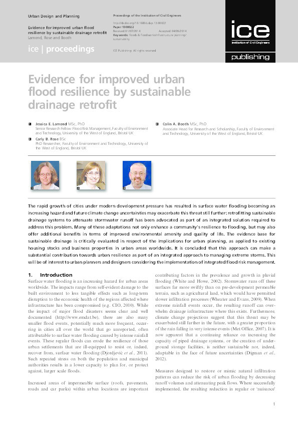 Evidence for improved urban flood resilience by sustainable drainage retrofit Thumbnail