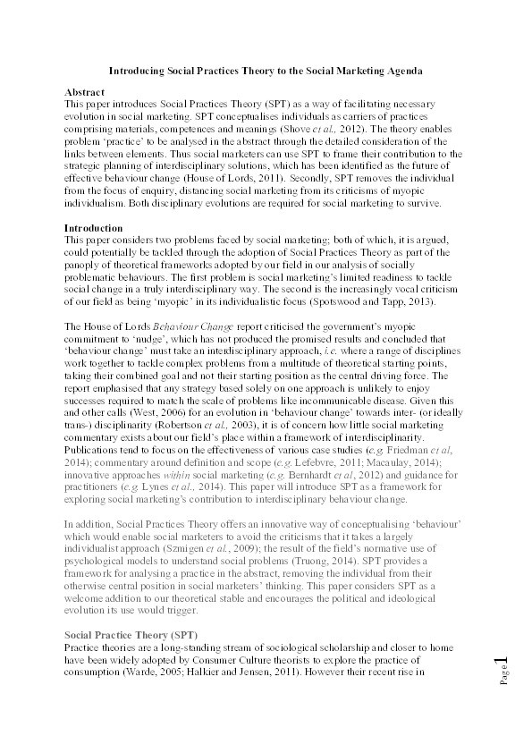Introducing social practices theory to the social marketing agenda Thumbnail