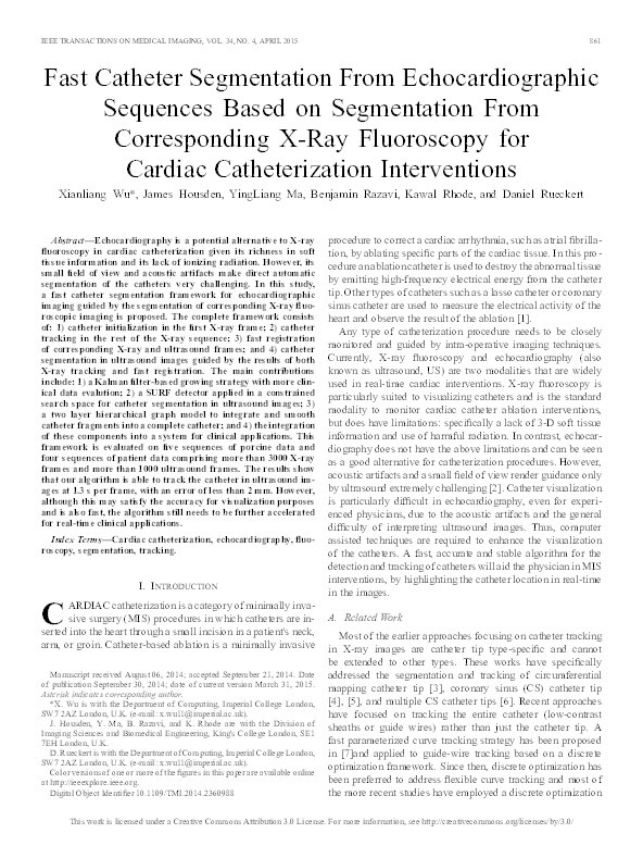 Fast catheter segmentation from echocardiographic sequences based on segmentation from corresponding X-ray fluoroscopy for cardiac catheterization interventions Thumbnail
