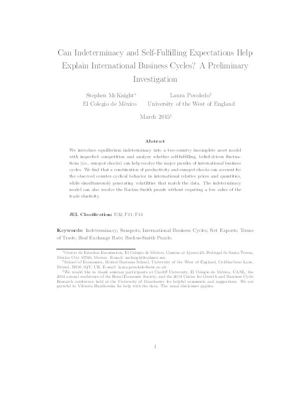 Can indeterminacy and self-fulfilling expectations help explain international business cycles? A preliminary investigation Thumbnail