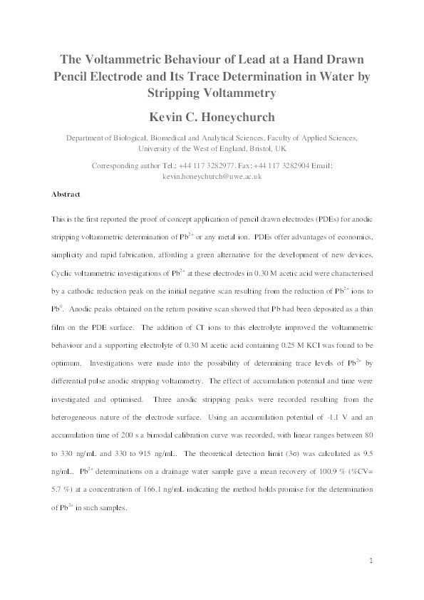 The voltammetric behaviour of lead at a hand drawn pencil electrode and its trace determination in water by stripping voltammetry Thumbnail