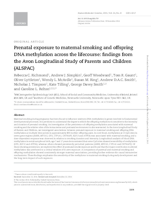 Prenatal exposure to maternal smoking and offspring DNA methylation across the lifecourse: Findings from the Avon Longitudinal Study of Parents and Children (ALSPAC) Thumbnail