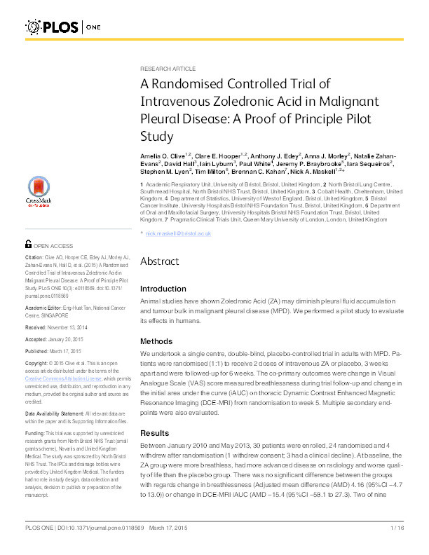 A randomised controlled trial of intravenous zoledronic acid in malignant pleural disease: A proof of principle pilot study Thumbnail