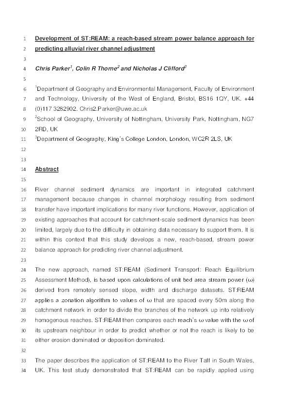 Development of ST: REAM: A reach-based stream power balance approach for predicting alluvial river channel adjustment Thumbnail