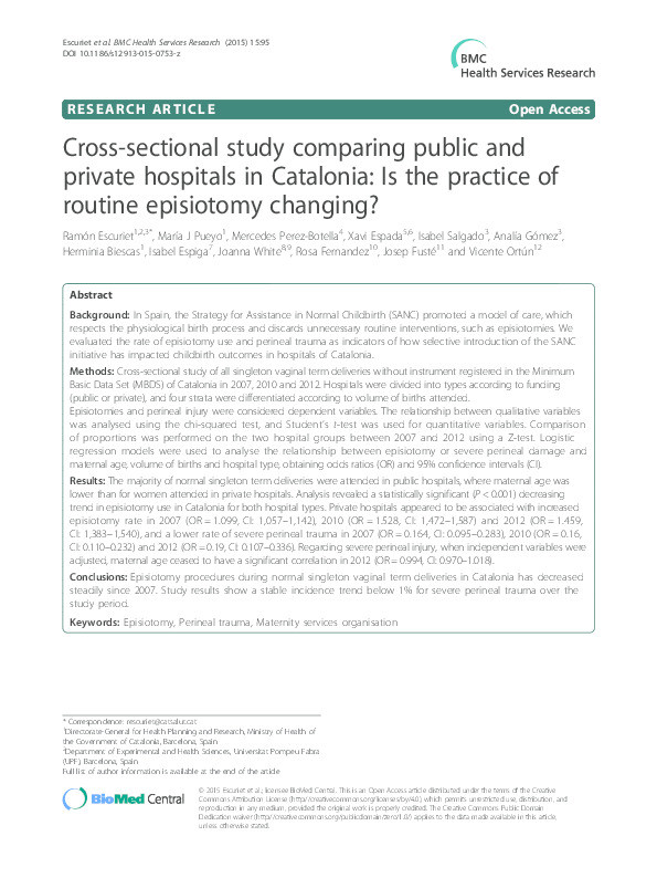Cross-sectional study comparing public and private hospitals in Catalonia: Is the practice of routine episiotomy changing? Thumbnail