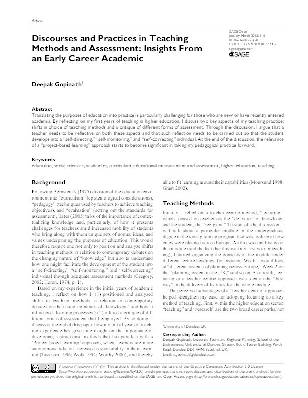 Discourses and practices in teaching methods and assessment: Insights from an early career academic Thumbnail