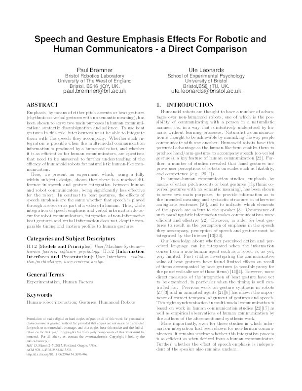 Speech and Gesture Emphasis Effects for Robotic and Human Communicators: A Direct Comparison Thumbnail