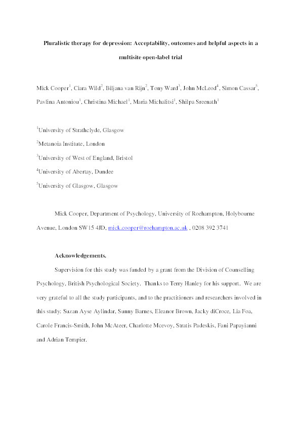 Pluralistic therapy for depression: Acceptability, outcomes and